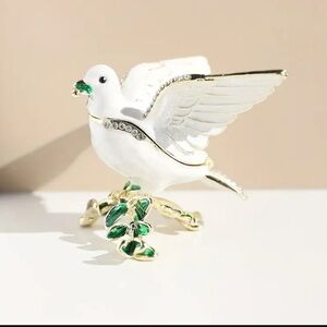 Elegant White Dove Hand Painted Trinket Box Figurine with Gold and Green Accents